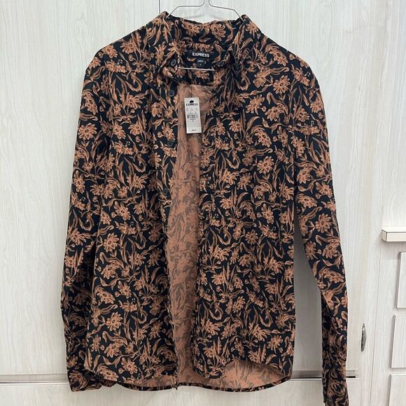 Express Black and Brown Floral corduroy button down Shirt - Picture 1 of 4